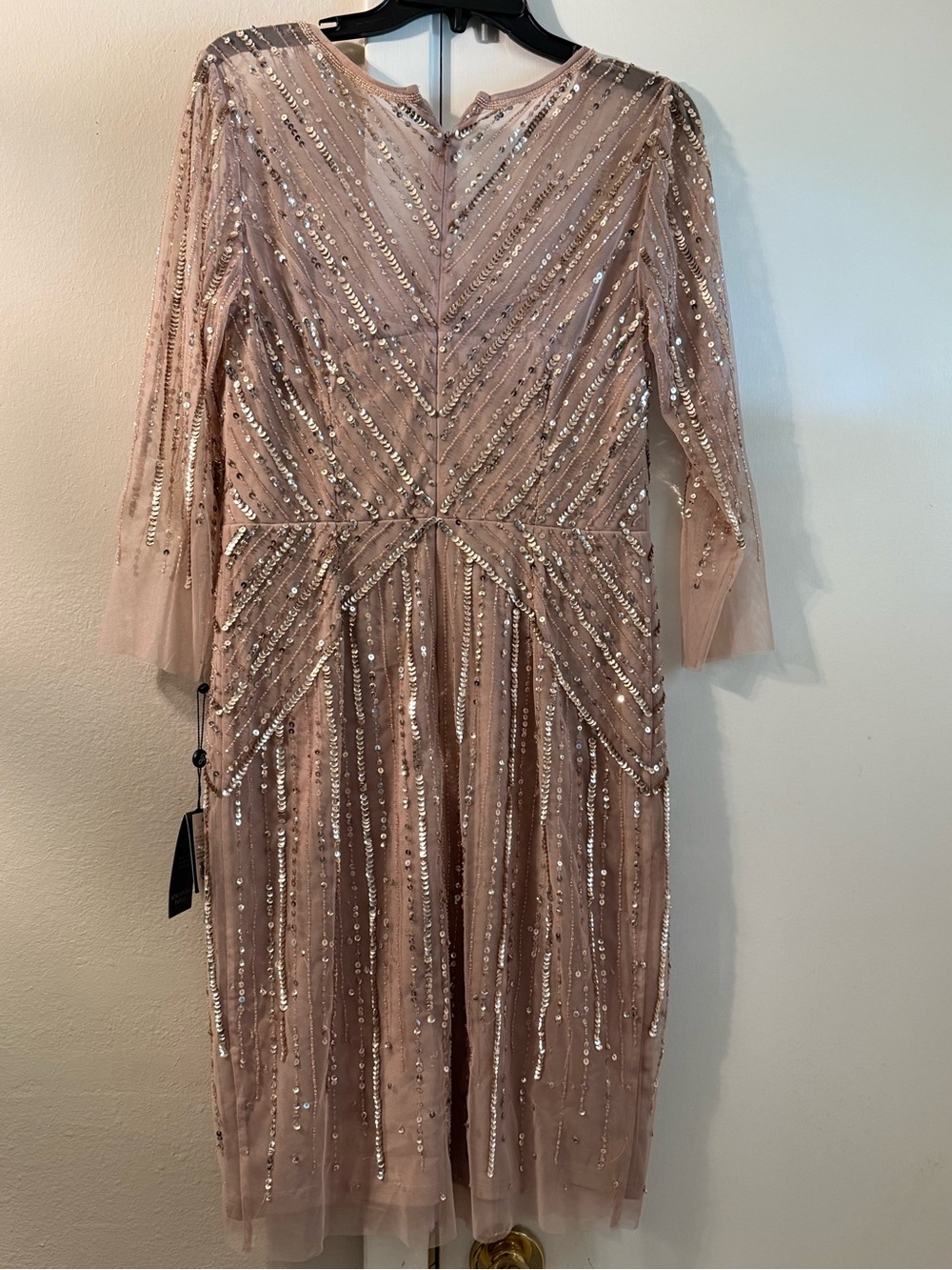 Adrianna Papell Rose Gold Sequin Midi Dress with Long Sleeves